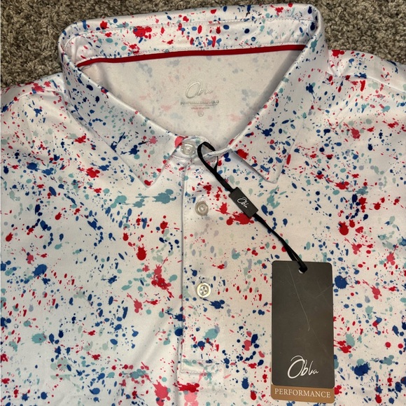 Men's Obla Red White & Blue Splatter NWT Performance Golf Polo - Picture 3 of 4